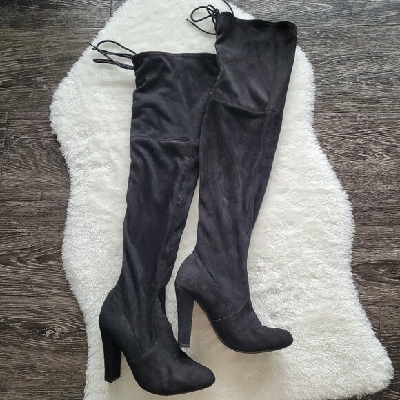 Steve Madden | Gleemer Over The Knee Lace Up Boots in Black Vegan Suede - Picture 2 of 15